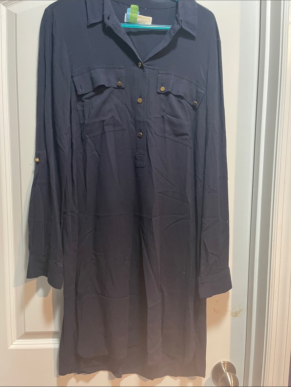 Michael Kors Navy Button-Front Long Sleeve Shirt Dress with Gold-Tone Buttons